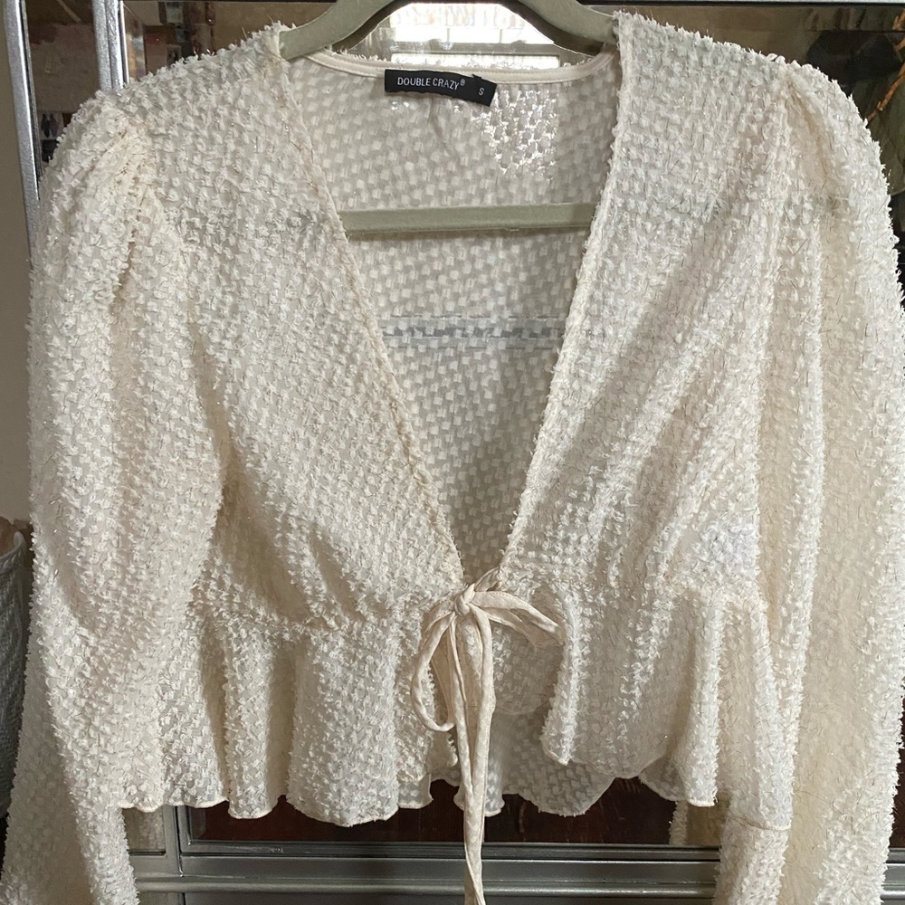 Sheer cropped flare sleeve blouse